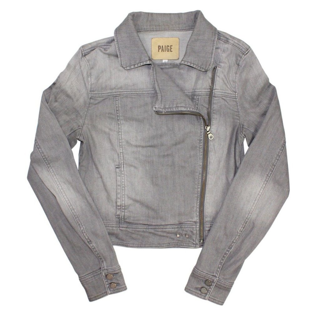 Women's PAIGE Light Gray Denim Moto Style Jean Jacket Zip-Up Size XS X-Small